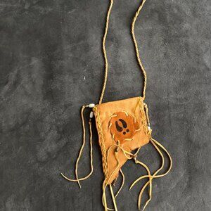 Handmade Leather Medicine Pouch Necklace With Fringe & Bead Detailing